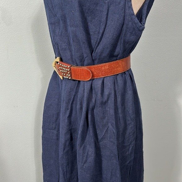 Vintage Navy 100% linen Maxi Relaxed Fit Side Slit Crew Neck Dress size 16 - Picture 5 of 15